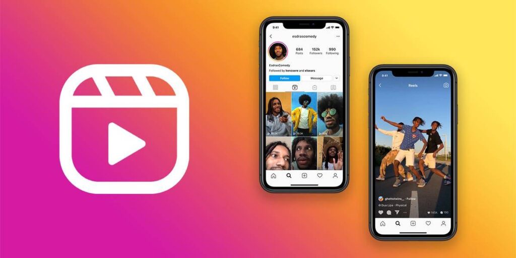Logo de Instagram Reels junto a dos teléfonos móviles mostrando contenido de Reels, incluyendo perfiles y videos de usuarios bailando en pantalla vertical.